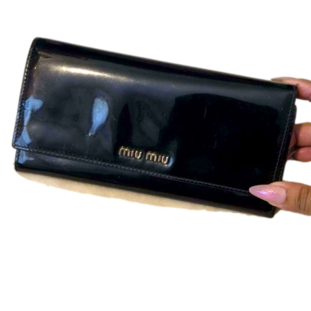 MIU MIU Wallet Black Patent Leather Double Snap